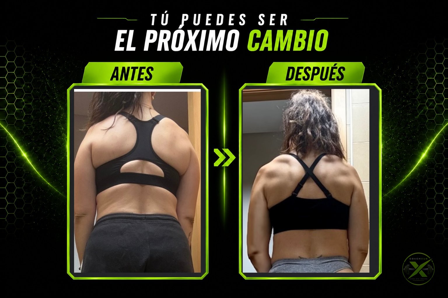 Transformación real — Ella, 40 · Más músculo, menos grasa.