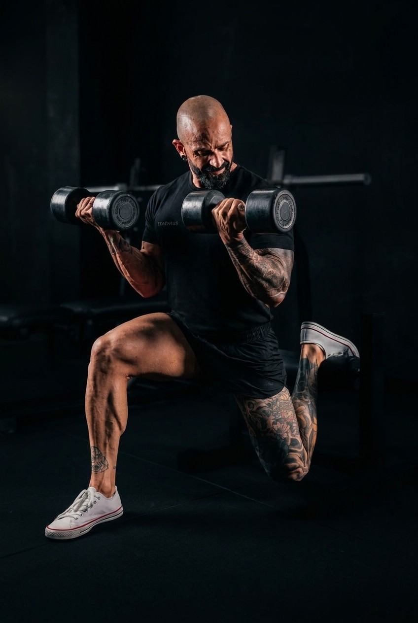 Xus entrenando bíceps con mancuerna, programa de ganancia muscular CoachXus